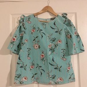 Green Striped and Floral Tie Shoulder Top